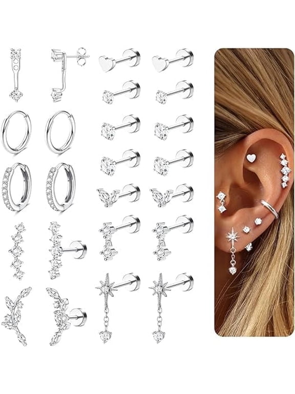 Hypoallergenic flat-back earring stack set in surgical-grade 316L stainless steelnickel & lead-free, ideal for sensitive ears. Includes small studs and hoops (20G, 6mm post; 10mm hoop ID) perfect fo