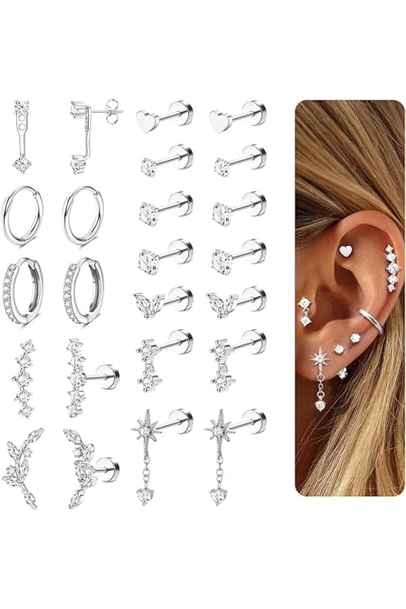 Hypoallergenic flat-back earring stack set in surgical-grade 316L stainless steelnickel & lead-free, ideal for sensitive ears. Includes small studs and hoops (20G, 6mm post; 10mm hoop ID) perfect fo