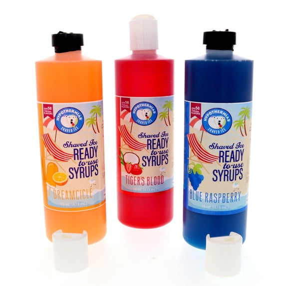 Hypothermias Shaved Ice & Snow Cone Syrup Variety Pack - Blue Raspberry, Tiger's Blood, Dreamcicle - 100% Pure Cane Sugar in a Gift Box