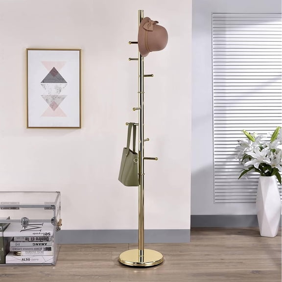 Hyre 8 Hook Entryway Hall Tree Coat & Hat Rack Stand, Brass