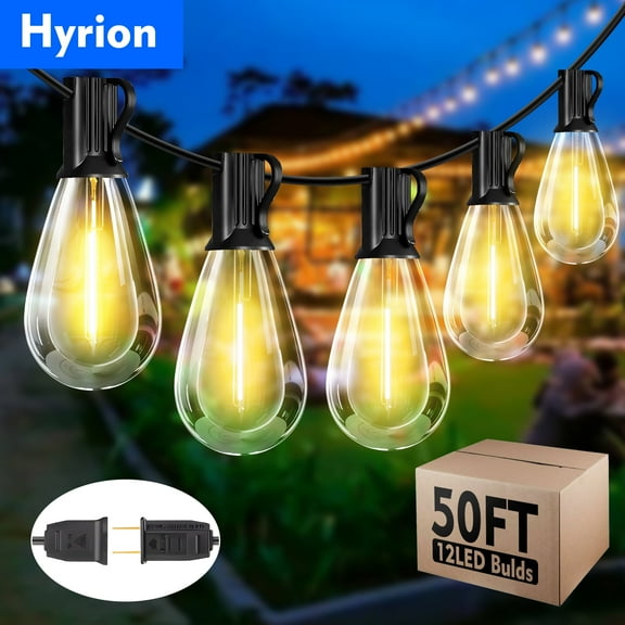 Hyrion 50ft Outdoor String Lights,with 12 S14 Edison Vintage Bulbs,Connectable Outdoor Patio Lighting for porch backyard Cafes,Waterproof & Shatterproof
