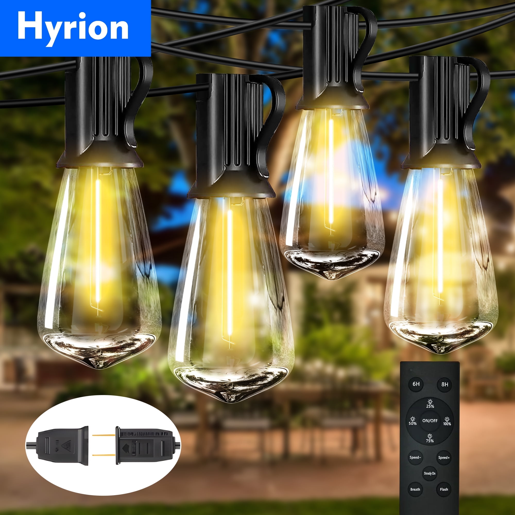 Hyrion ST38 Outdoor String Lights, 48ft Connectable Pitao Lights with 2700K Waterproof Bulbs, Dimmable Hanging Lights for Porch Yard Canopy