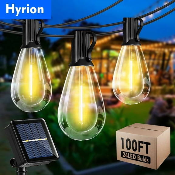 Hyrion Solar Outdoor String Lights, 100ft S14 LED with 24 Edison Vintage Bulbs, Connectable, Waterproof & Shatterproof for Outside