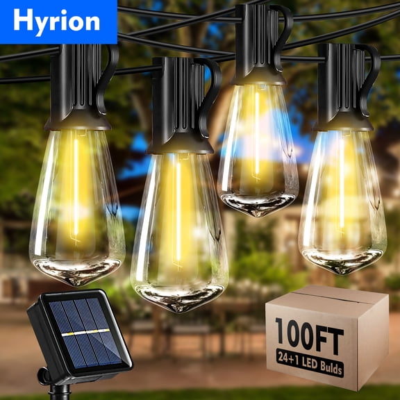 Hyrion Solar Outdoor String Lights, 100ft with 24 ST38 Plastic Bulbs, Waterproof, Connectable for Yard, Patio