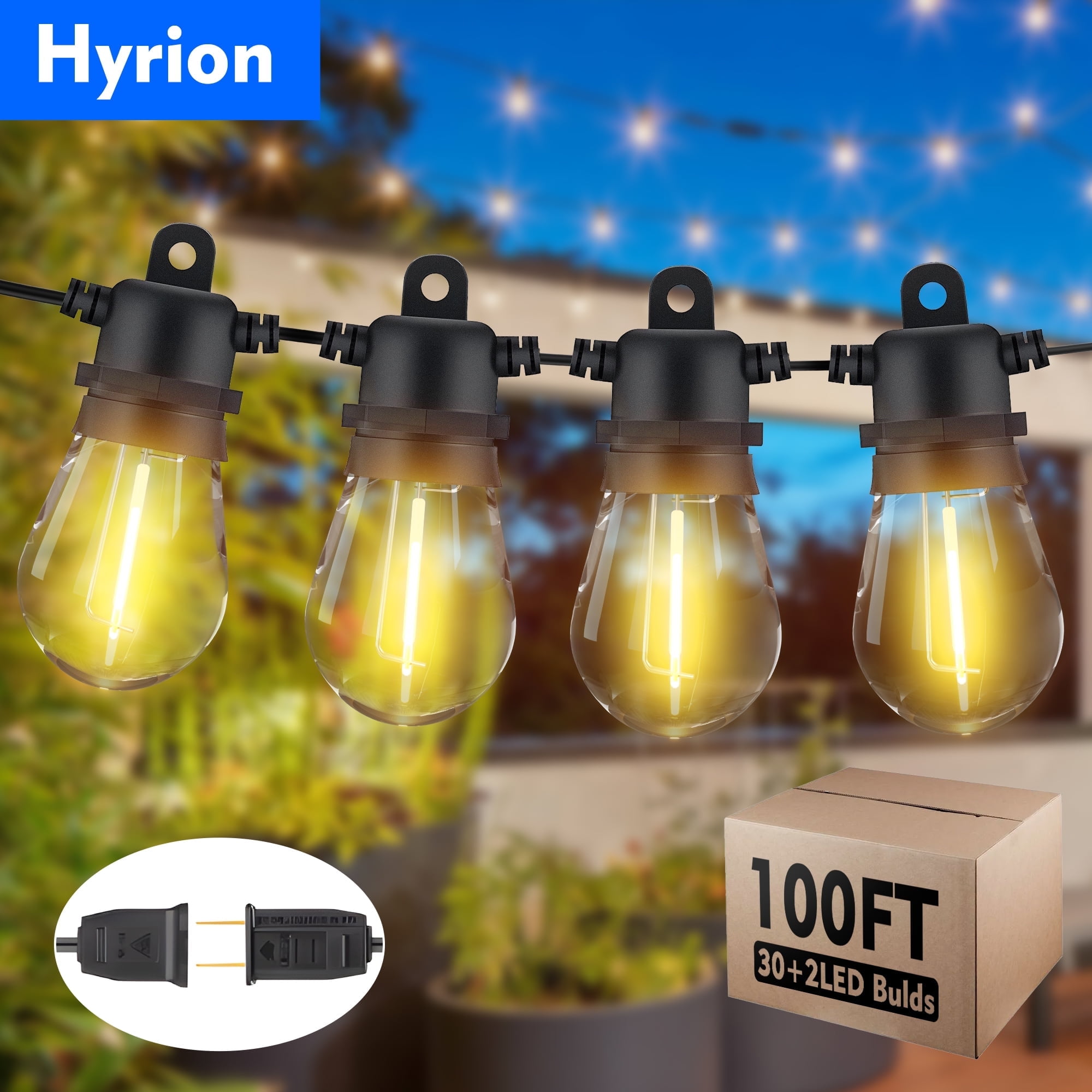 Hyrion Solar Outdoor String Lights, S14 100ft Waterproof Shatterproof Hanging Lights, with 30 Edison Bulbs for Garden Patio