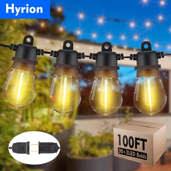 Hyrion Solar Outdoor String Lights, S14 100ft Waterproof Shatterproof Hanging Lights, with 30 Edison Bulbs for Garden Patio