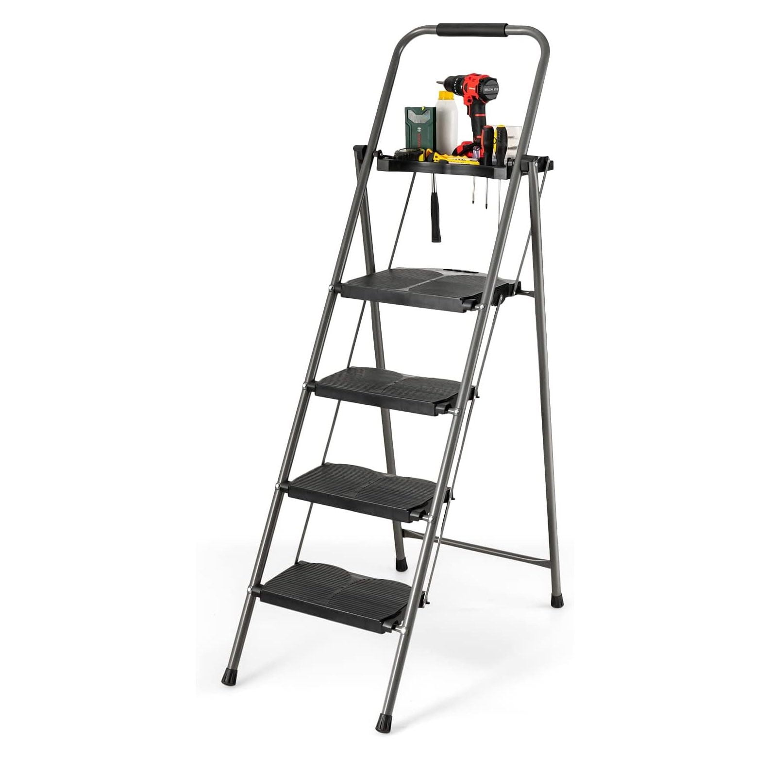 Hysache 4 Step Folding Ladder, Portable Ladder W/ Handrail, Wide Pedal, AntiSlip Feet, Tool