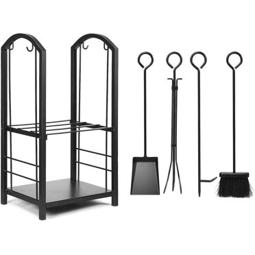 Fireplace Tools & Log Rack Set - 4-Piece Wrought Iron Firewood Holder With Brush, Shovel, Poker & Tongs