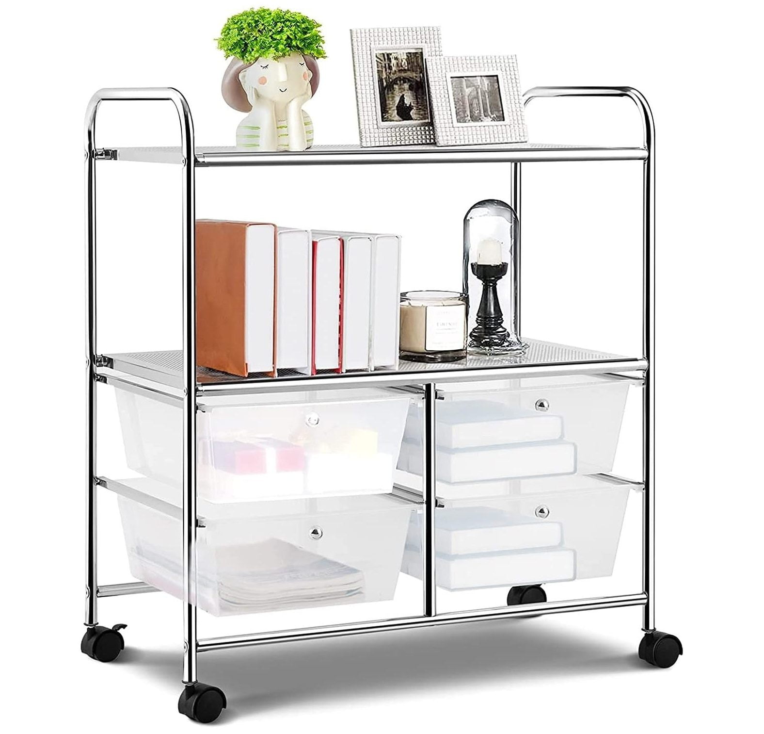 Hysache Rolling Storage Cart, Utility Organizer Cart w/ 4 Drawer 2 Shelves Trolley, Metal Frame