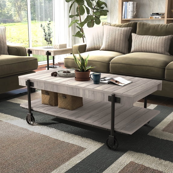 Hyssop 1-Shelf Wood Coffee Table with Wheels, Natural Tone and Black