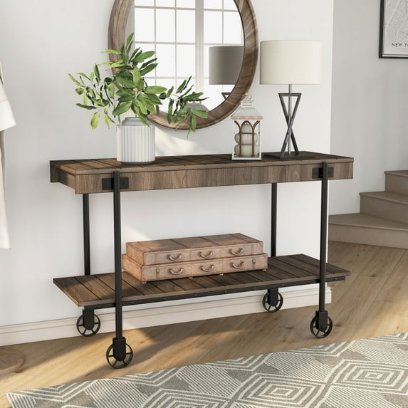 Hyssop 1-Shelf Wood Sofa Table with Wheels, Dark Walnut and Black