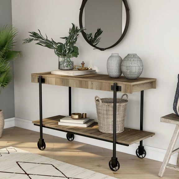 Hyssop 1-Shelf Wood Sofa Table with Wheels, Rustic Oak and Black