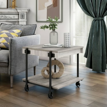Hyssop 1-Shelf Wood Square End Table with Wheels, Natural Tone and Black