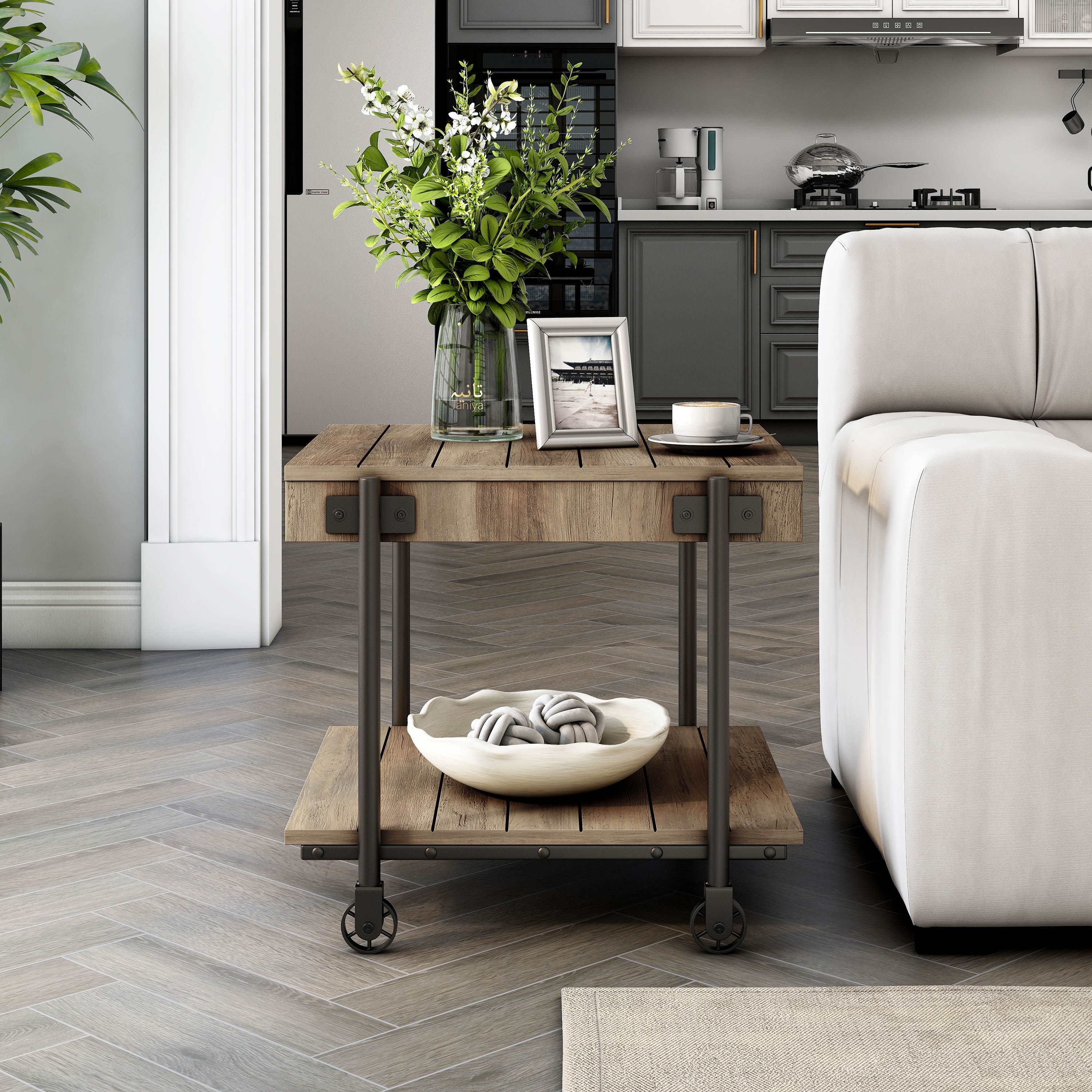 Rustic Oak and Black Medium Wood Square End Table with Metal Wheels