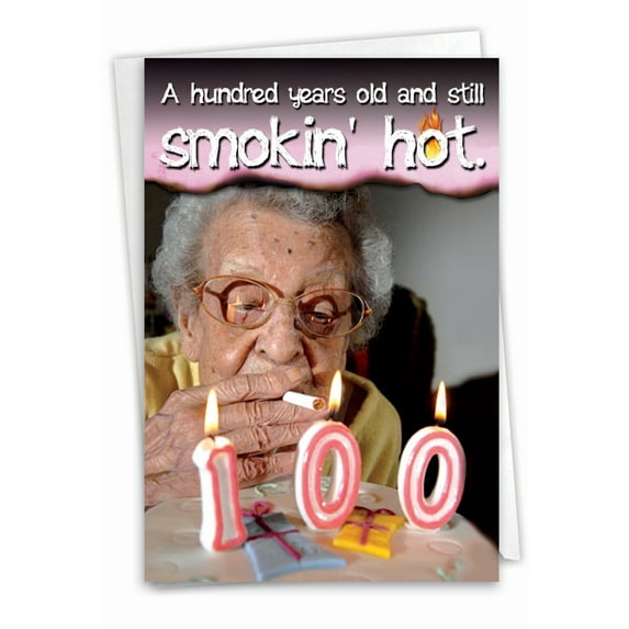Hysterical 100th Milestone Birthday Greeting Card with 5 x 7 Inch Envelope (1 Card) 100 Years Old and Hot - Elderly Lady Lighting Cigarette