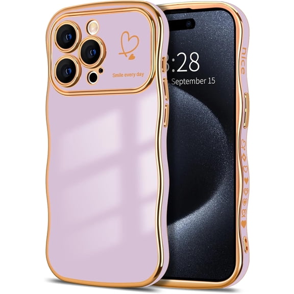 Hython for iPhone 14 Pro Max Case Cute Curly Wave Frame Shape Phone Cases, Thin Slim Luxury Plating Wavy Edge Soft TPU Bumper Shockproof Rubber Protective Cover for Women Girls, Love Heart-Dark Purple