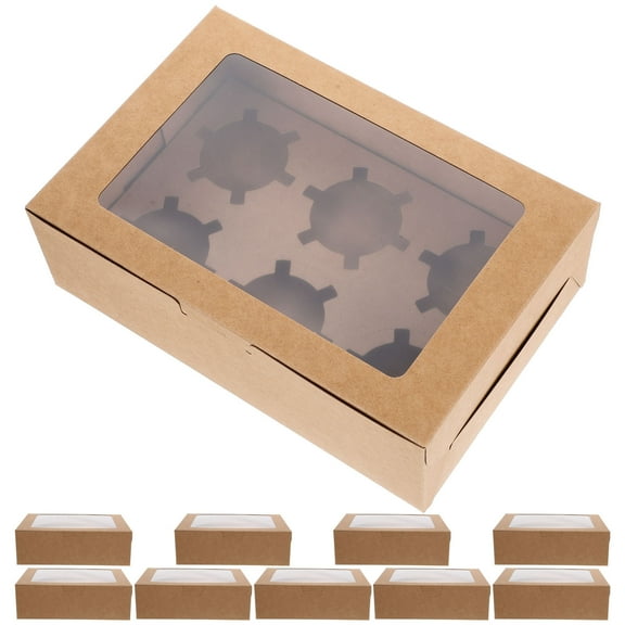 Hytrove 10Pcs Cupcake Boxes with Display Window for Bakery Packaging Simple Design Brown 11.6X6.1X2.9in