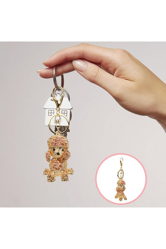 1Pack Car Key Chain Pink Multi Cartoon Poodle Shape Rhinestone Keyring Charm for Women
