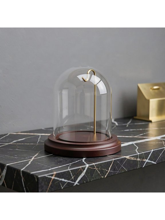 2Pcs Transparent Glass Dome Display Case with Wood Base and Hook for Pocket Watch Showcase and Dust Protection