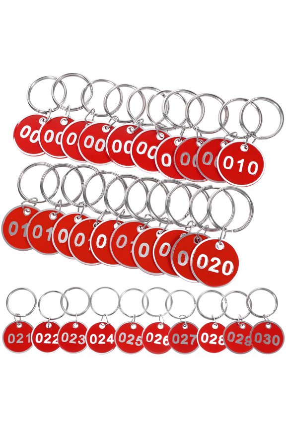 30Pcs Red Number Tags with Key Rings Portable Round Keychain Labels for Easy Item Identification