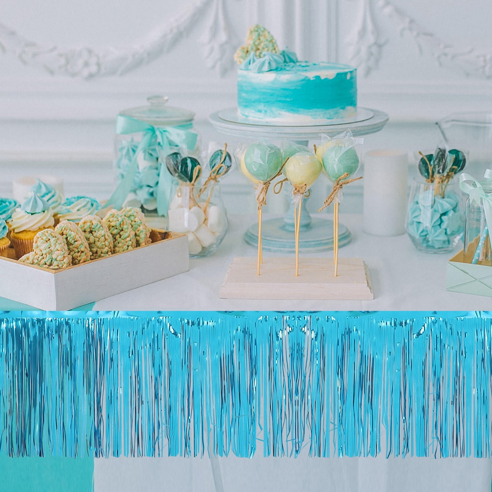Hytrove 4Pcs Blue Fringe Tinsel Table Skirts Pastel Table Skirt Plastic Metallic Foil Curtains