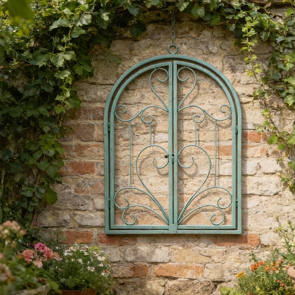 Hytrove Arched Rustic Green Iron Faux Window Frame Wall Decor Large
