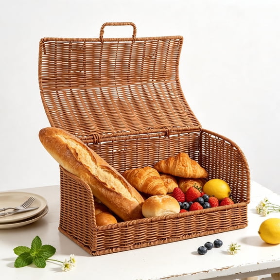 Hytrove Large Faux Rattan Bread Bin, Wide Mouth Countertop Pantry Storage Box Organizer with Rounded Edges for Home Kitchen