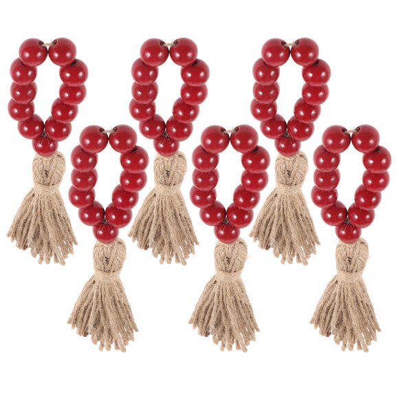 Hytrove Napkin Rings 6Pcs Wood Beads Rustic Farmhouse Style Adjustable Tassel Decoration 7.1x2x0.8in