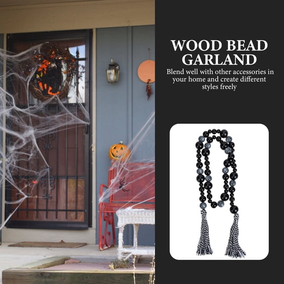 Hytrove Black Bead Garland with Tassel, Hanging String Beads Ornament for Farmhouse Boho Wall Shelf Table Home Decor, 1 Pack