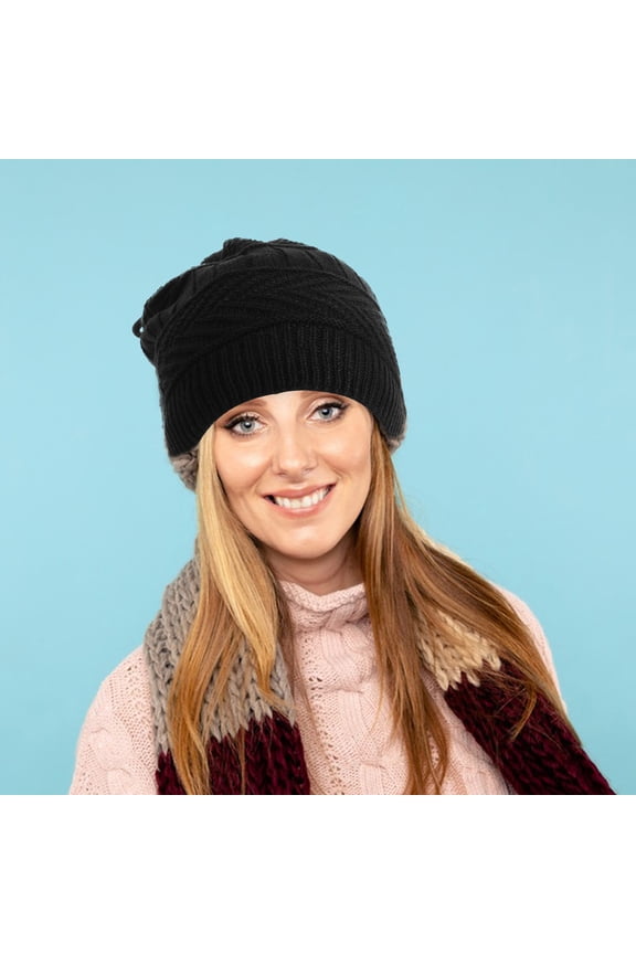 Black USB Heated Winter Hat with Detachable Heating Pad, Knitted Cap for Outdoor Cold Weather Use