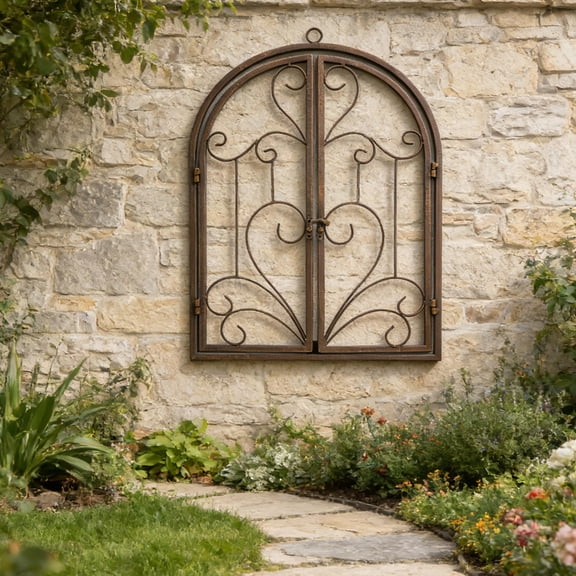 Hytrove Light Brown Rustic Metal Window Frame Wall Decor for Living Room and Garden