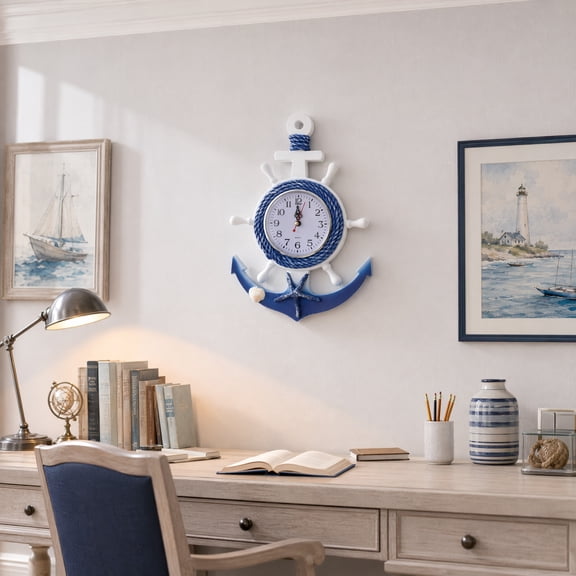 Hytrove Wooden Plastic Mediterranean Style Wall Clock Anchor with Attractive Star Design