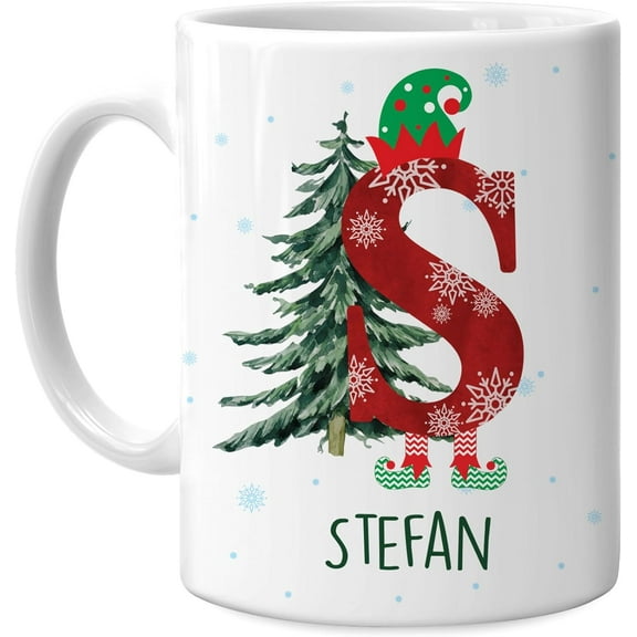 Hyturtle Personalized Elf Christmas Gifts For Family - Custom Name Initial Ceramic Coffee Mug Cup 11oz - Monogram Alphabet Mug Gifts For Women, Men, Kids On Birthday, Christmas Thankgiving