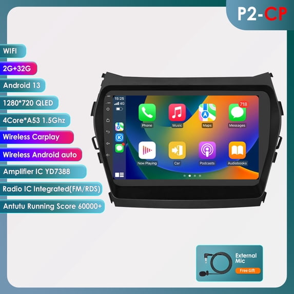For Hyundai iX45 Santa Fe 2013 2014 2015 2016 2017 9" Touch Screen Android 13 Bluetooth Apple CarPlay 2+32GB Wifi RDS Car Stereo Radio Head Unit Multimedia GPS Navigation Player