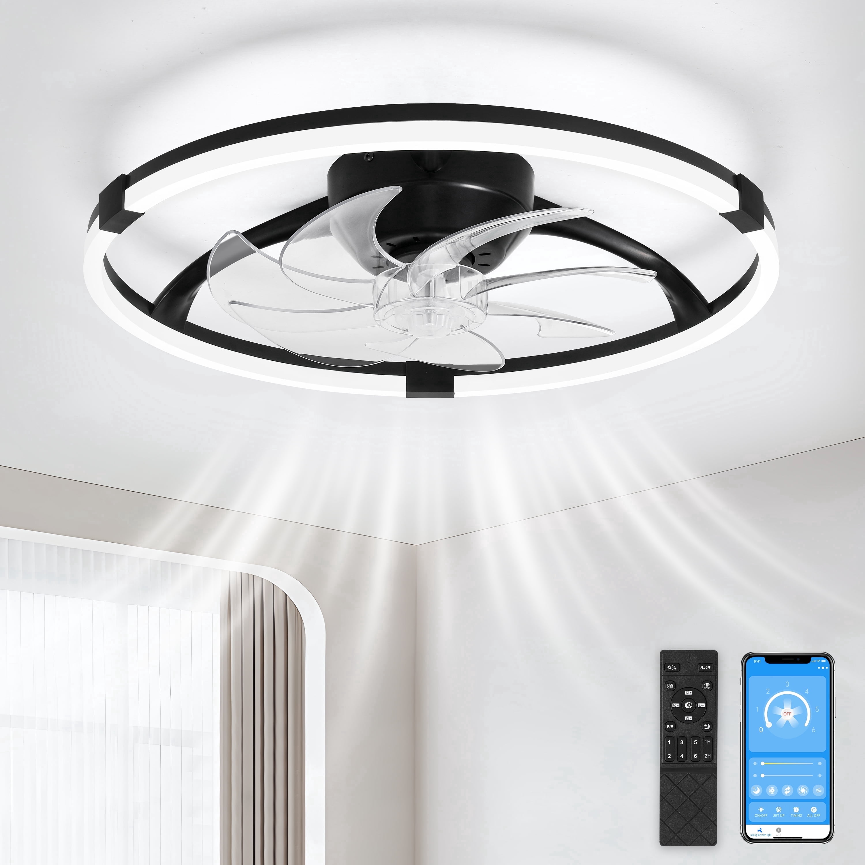 Hywyimlait 19.7'' Flush Mount Ceiling Fan Light, 6 Speed Remote/APP Control, 3000K-6500K Dimmable Black Bedroom Fan