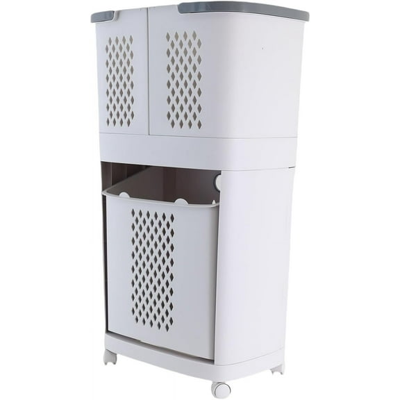 Hyxoo 2 Tier Rolling Laundry Hamper Sorter, Removable Laundry Basket Cart with Wheels and Handle, White Portable Storage Baskets with 3 Deep Baskets for Kitchens, Bathrooms,Bedrooms and Laundry Rooms