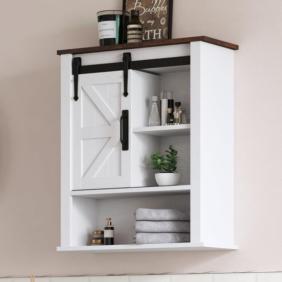 Hyxoo 28" Wall Cabinet, Wooden Cabinet Adjustable Shelves, Over Toilet Storage Cabinet with Sliding Barn Door for Bathroom/Kitchen/Laundry, Brown with White