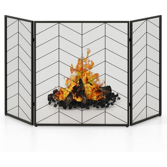 Hyxoo 3 Panel Fireplace Screen, 52 x 31 Foldable Fire Spark Guard Grate with Chevron Pattern, Free Standing Furnace Fireguard Mesh Cover, Black