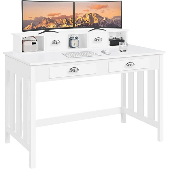 Hyxoo 47 Inch Large Computer Desk, White Home Office Workstation with 4 Storage Drawers, Modern PC Work Table 23 Deep with Monitor Stand for Screen, Wood Stable Executive Table with Large Desktop