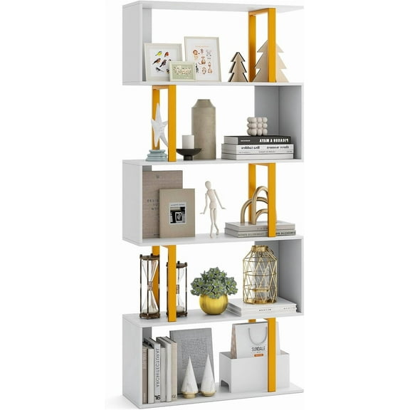 Hyxoo 5-Tier Geometric Bookcase, 62-Inch S-Shaped Bookshelf with Metal Frame, Modern Freestanding Decorative Storage Shelving with Anti-Tipping Kits for Living Room Study (1, 62 inch)