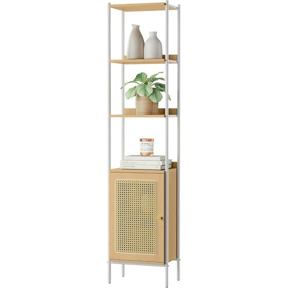 Hyxoo 6-Tier Bookcase, Bookshelf with Rattan-Like Door, Boho Style, Freestanding 15.7-Inch Wide Storage Shelf, Metal Frame, Adjustable Shelf, for Living Room, Oak Beige and Pearl White