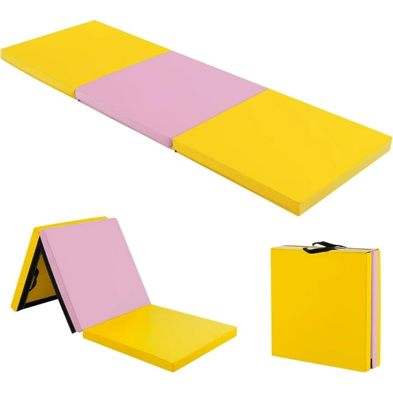 Hyxoo 6'x 2' Gymnastics Mat, 2" Thick Folding Tumbling Mat with Hook and Loop Fastener, Foldable Gym Mat with Carrying Handles, Cheer Mats for Kids Adults Home Exercise Aerobics Fitness, Pink&Yellow