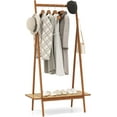 thumbnail image 1 of Hyxoo Bamboo Clothing Rack, 65.5” Clothes Rack with Top Hanging Rod, Rattan Shelf & 5 Copper Hooks, Large Garment Rack, Cloth Hanger Standing Organizer for Coats, Bags & Shoes (Brown), 1 of 9