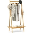 thumbnail image 1 of Hyxoo Bamboo Clothing Rack, 65.5” Clothes Rack with Top Hanging Rod, Rattan Shelf & 5 Copper Hooks, Large Garment Rack, Cloth Hanger Standing Organizer for Coats, Bags & Shoes (Natural), 1 of 10