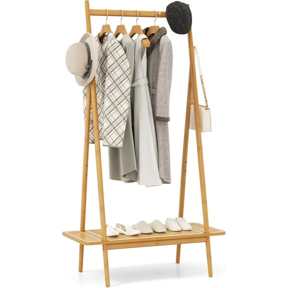 Hyxoo Bamboo Clothing Rack, 65.5” Clothes Rack with Top Hanging Rod, Rattan Shelf & 5 Copper Hooks, Large Garment Rack, Cloth Hanger Standing Organizer for Coats, Bags & Shoes (Natural)