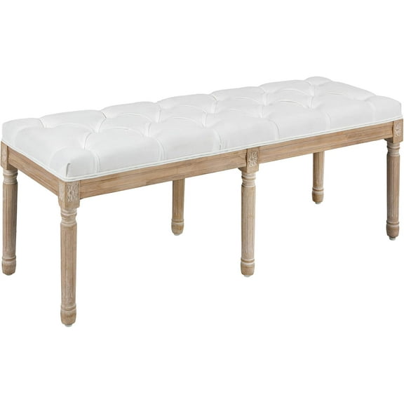 Hyxoo Bedroom End of Bed Bench, 46" Upholstered Entryway Bench with Button Tufted, Thick Padding and Wood Legs, French Vintage Style Linen-Feel Ottoman Bench for Hallway, Living Room, Cream White