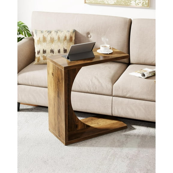 Hyxoo C-Shaped End Table, C Table for Sofa, Small Over Couch Tray, Side Table for Living Room, Bedroom, Rustic Brown (1)