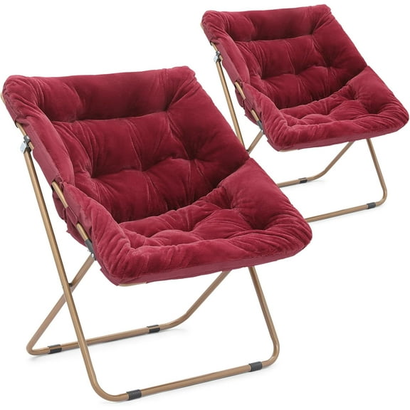 Hyxoo Chair for Adult, Square Comfy Cozy Chair Folding Chair Faux Fur Metal Frame Foldable Reading Chair Accent Chair for Bed Room Living Room Set of 2, Red