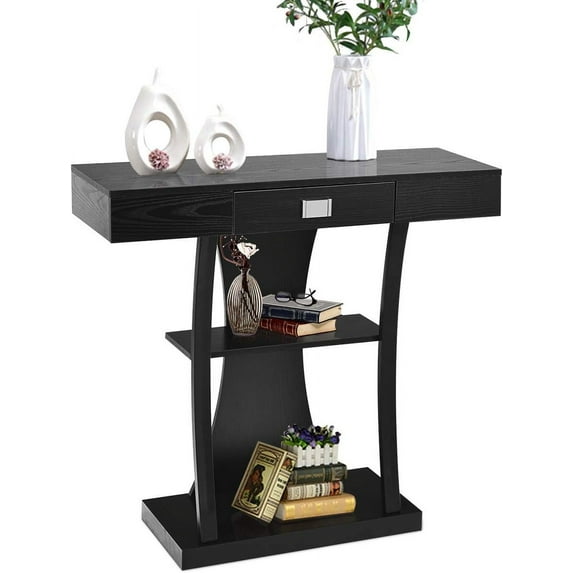 Hyxoo Console Table, Sofa Table with Drawer and 2-Tier Shelves, Accent Table for Entryway, Hallway and Living Room (Black)