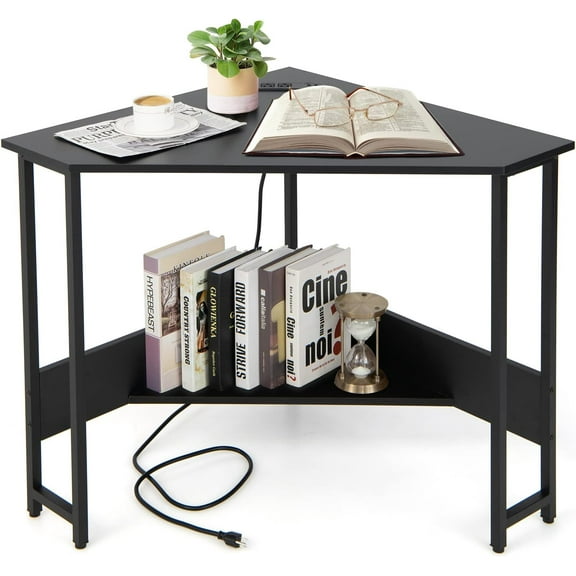 Hyxoo Corner Computer Desk, with USB Ports & Power Outlet, Storage Shelf for Small Space, Triangle Steel Frame Corner Desk for Home Office, Workstation (Black)